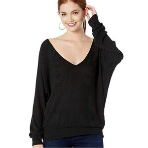 Free People Santa Clara Oversized Slouchy Waffle Knit Top-Black-Women Size XS
